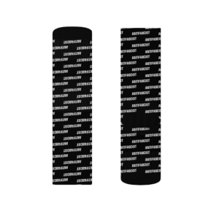 Two tall black bottles with white 'ANTIFASCIST' text repeating on textured fabric labels.