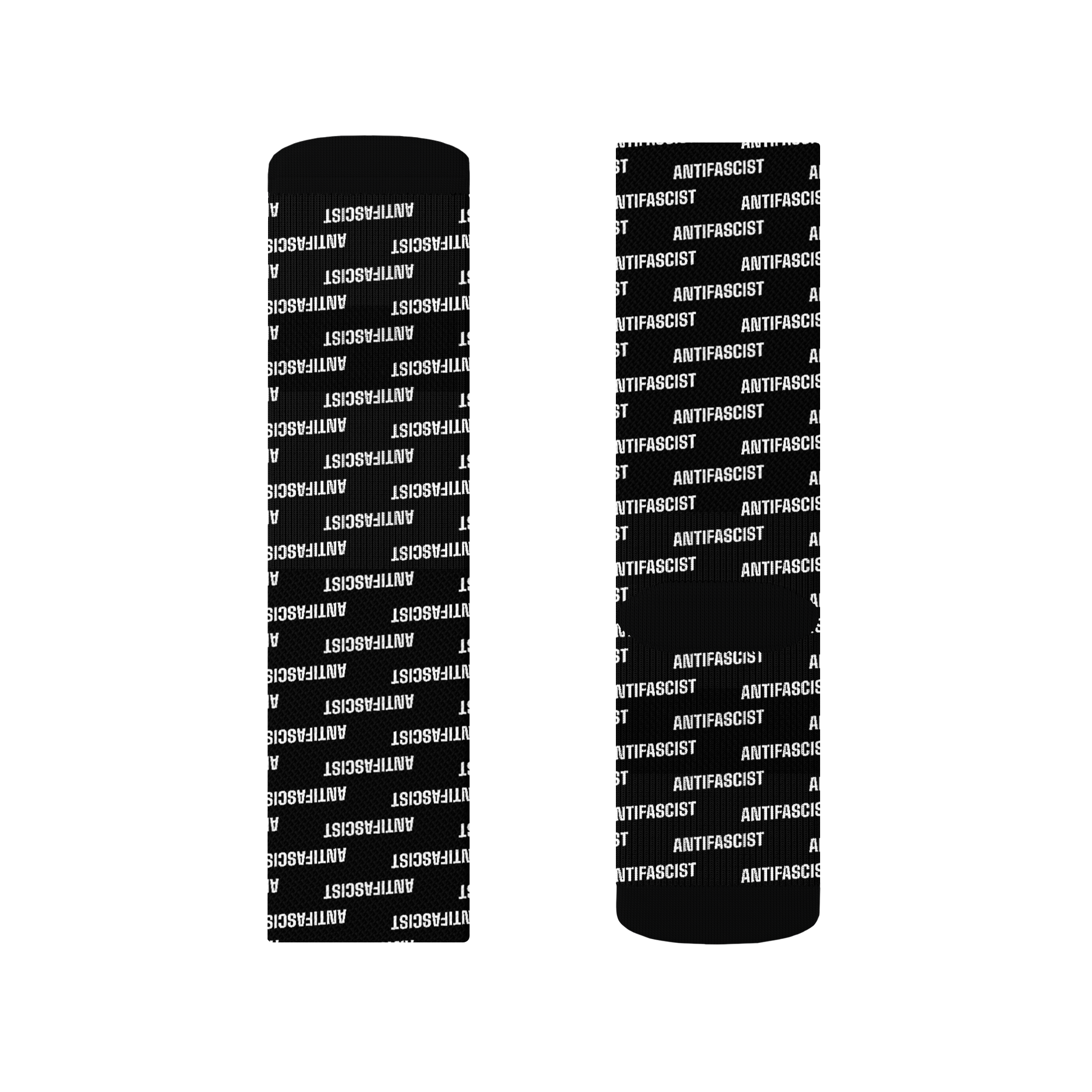 sublimation-socks-s-left-sock-6a08c6f3453f4png ⟢ Anarchyland Two tall black bottles with white 'ANTIFASCIST' text repeating on textured fabric labels.