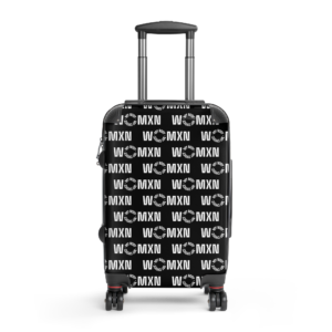 Black hard-shell suitcase with extended silver trolley handle and a white MXN logo pattern across the surface.