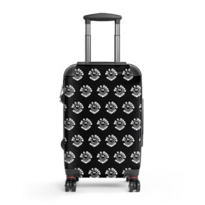 Black rolling suitcase with an extendable handle, covered in a white repeating 'Be a Good' smiley pattern.