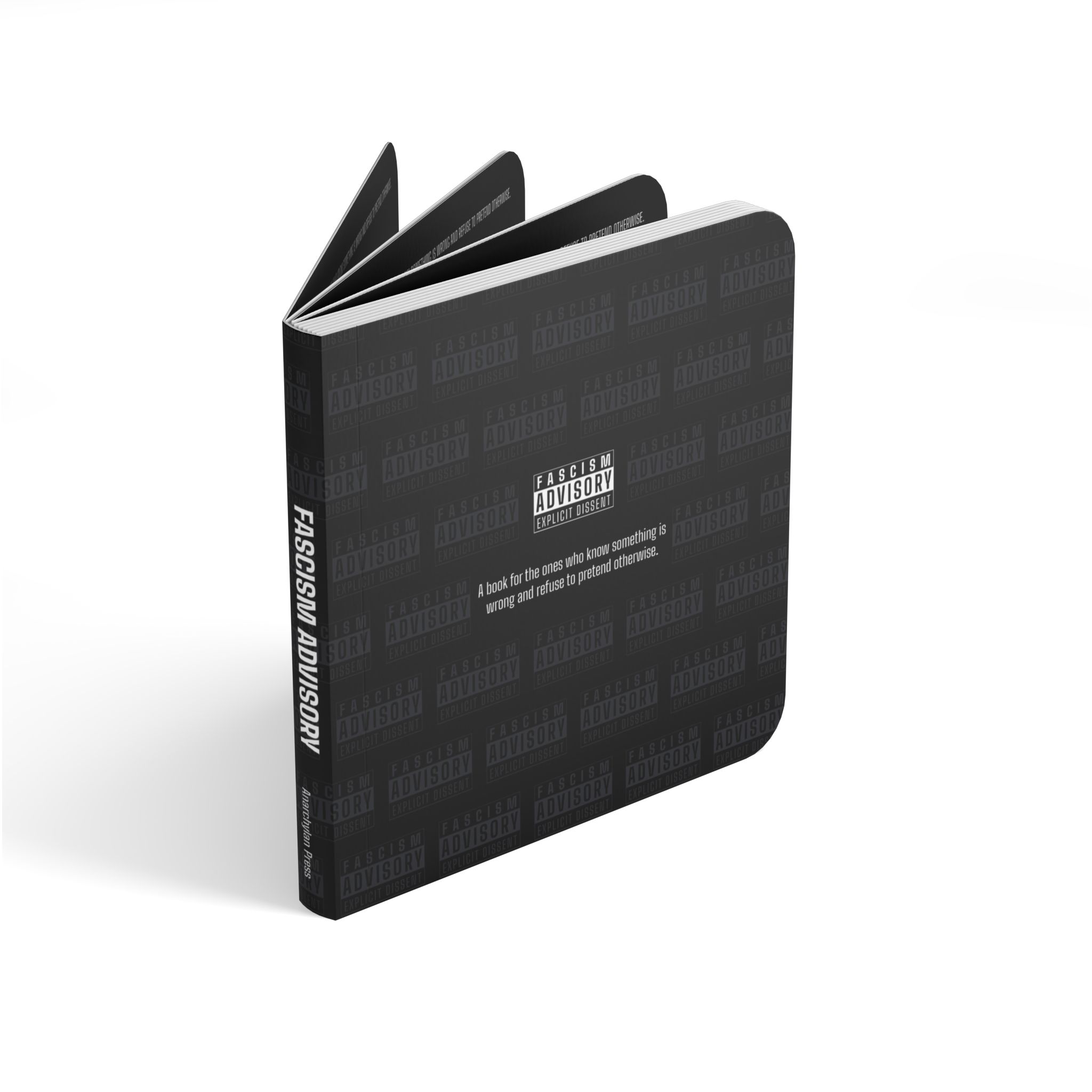 16614644435717127267_2048jpeg ⟢ Anarchyland Dark hardcover book with a repeating fascism warning pattern on the cover slightly opened to reveal pages