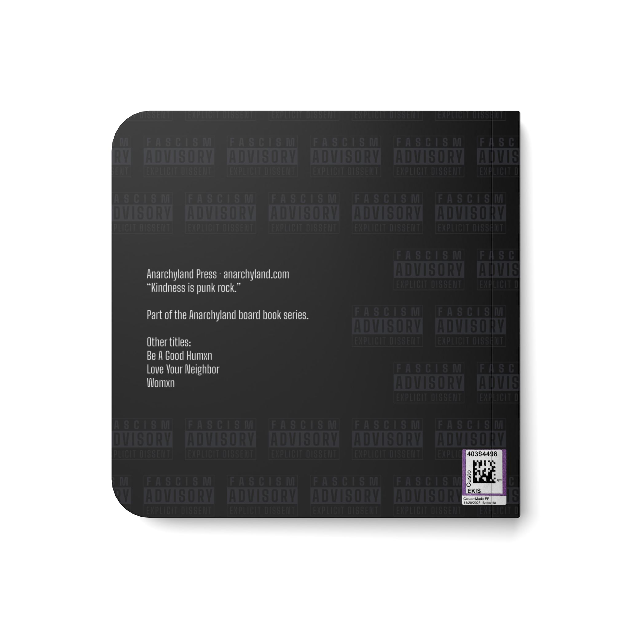 5335746207864039204_2048jpeg ⟢ Anarchyland Dark gray book cover with white text listing anarchyland titles faint fascism advisory watermark across the page and a small qr sticker bottom right