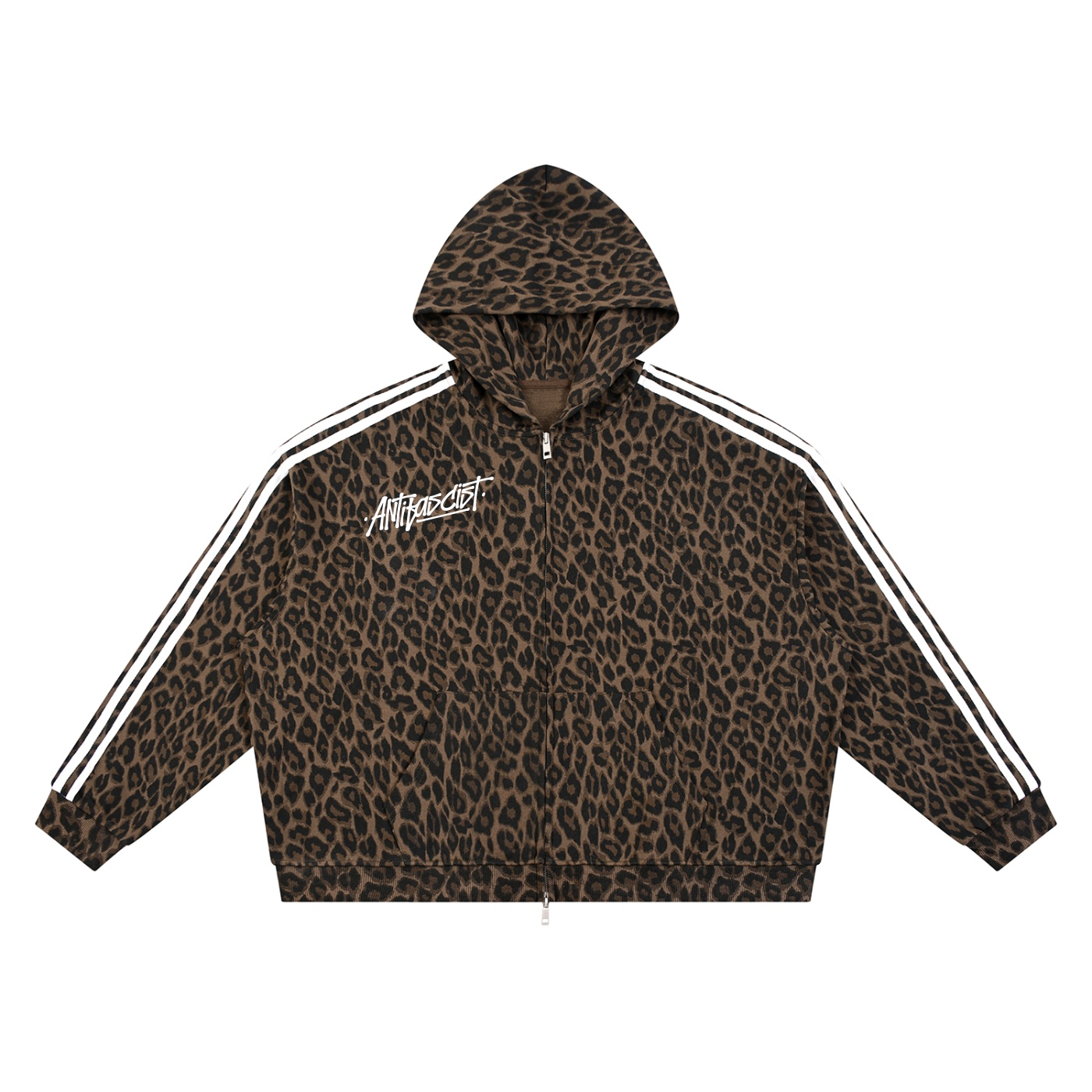 Leopard print zip up hoodie with white stripes along the sleeves and a bold antifascist logo on the chest