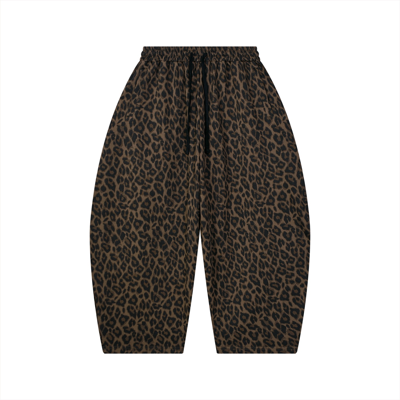 Leopard print jogger pants with elastic waist and black drawstring drawcords