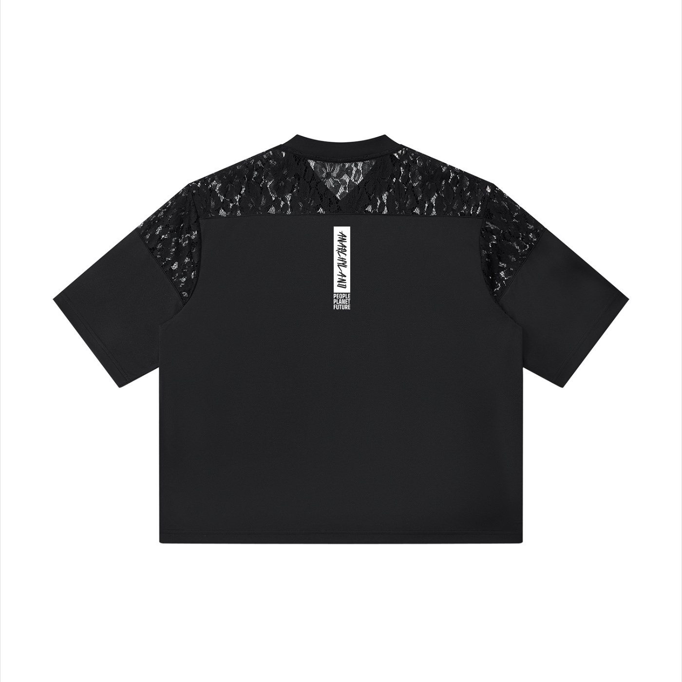 https://ajmall-vc-public-bucket.oss-us-west-1.aliyuncs.com/hugepod/material/custom_printing/36fbf28f4a174b4c904fd7f31cc2e361.png ⟢ Anarchyland Back view of a black short sleeve top with lace panels on the shoulders and a vertical white brand tag centered on the back reading people planet future