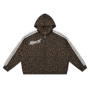 Leopard-print zip-up hoodie with a hood, white stripes along the sleeves, and a diagonal 'ANTIFASCIST' slogan on the chest.