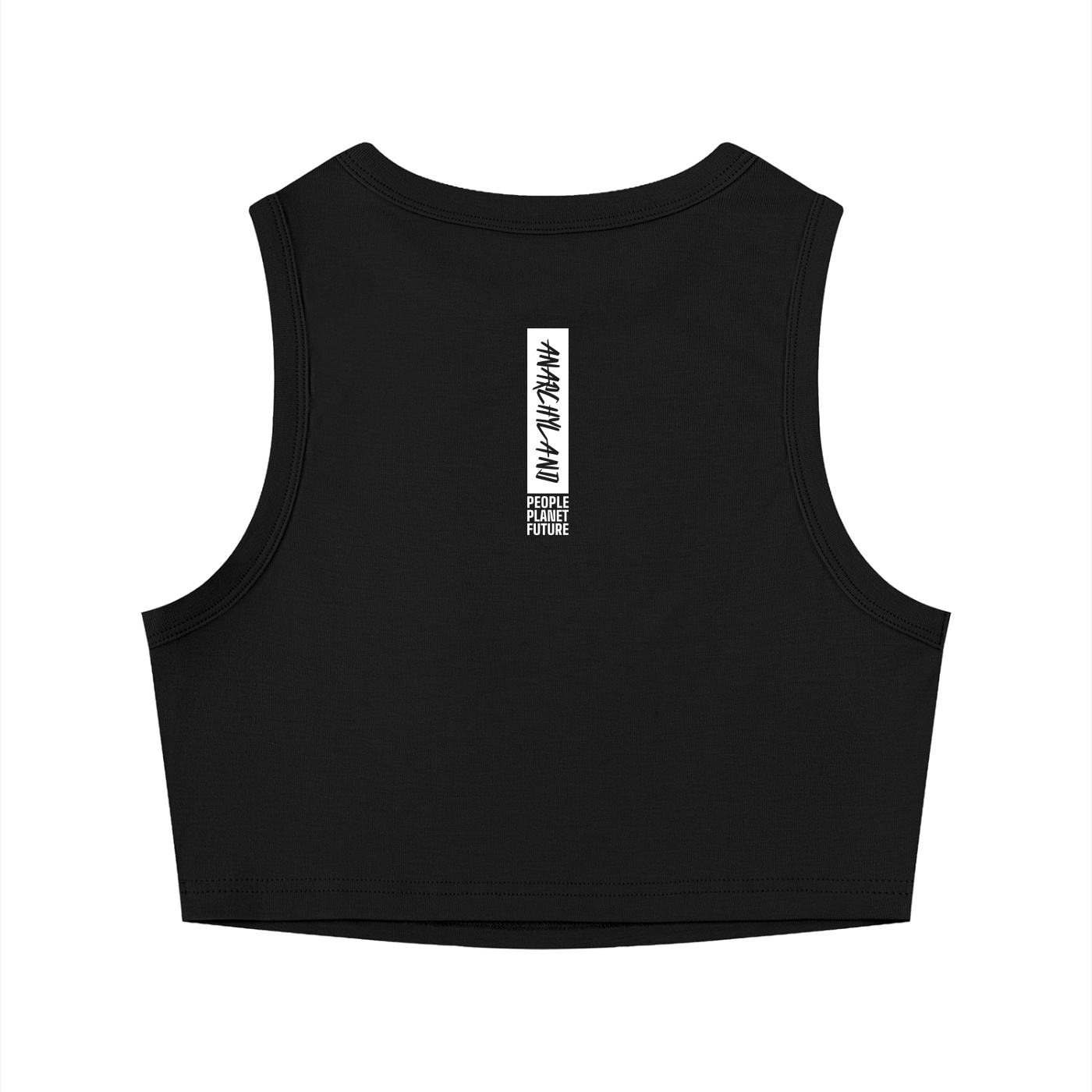 https://ajmall-vc-public-bucket.oss-us-west-1.aliyuncs.com/hugepod/material/custom_printing/68581c15769c44a4aef9b2fa134181d5.png ⟢ Anarchyland Back view of a black sleeveless tank top with a vertical white logo strip in the center containing stylized text and the words people planet future beneath