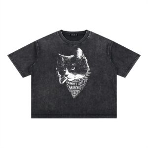Dark gray cropped T-shirt with a white cat graphic and a bandana reading 'Mommy's Little Anarchist'.