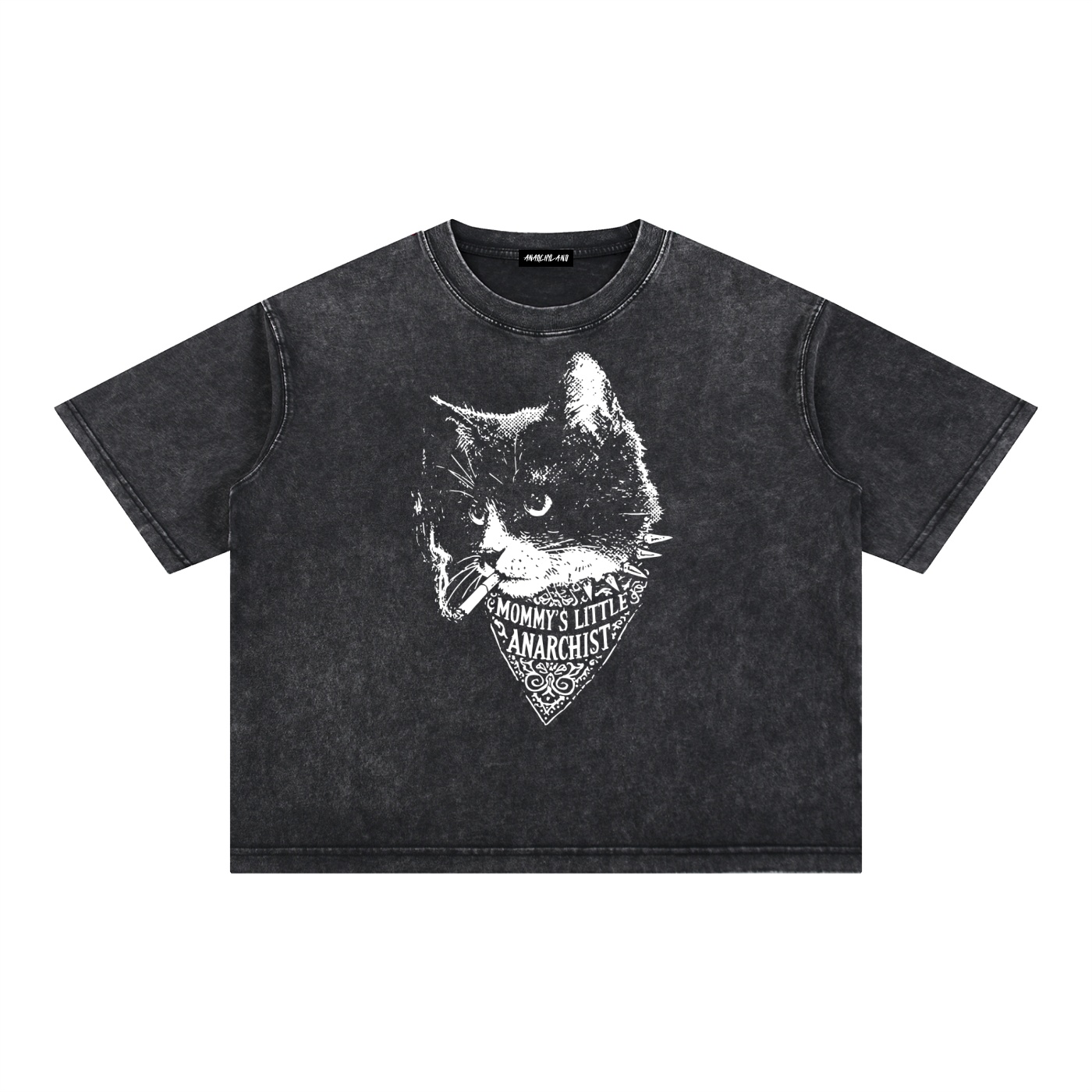 Dark gray cropped t shirt with a white cat graphic and a bandana reading mommys little anarchist