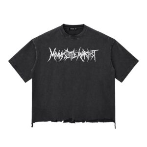 Black cropped crewneck T-shirt with a distressed hem and a white jagged logo across the chest.