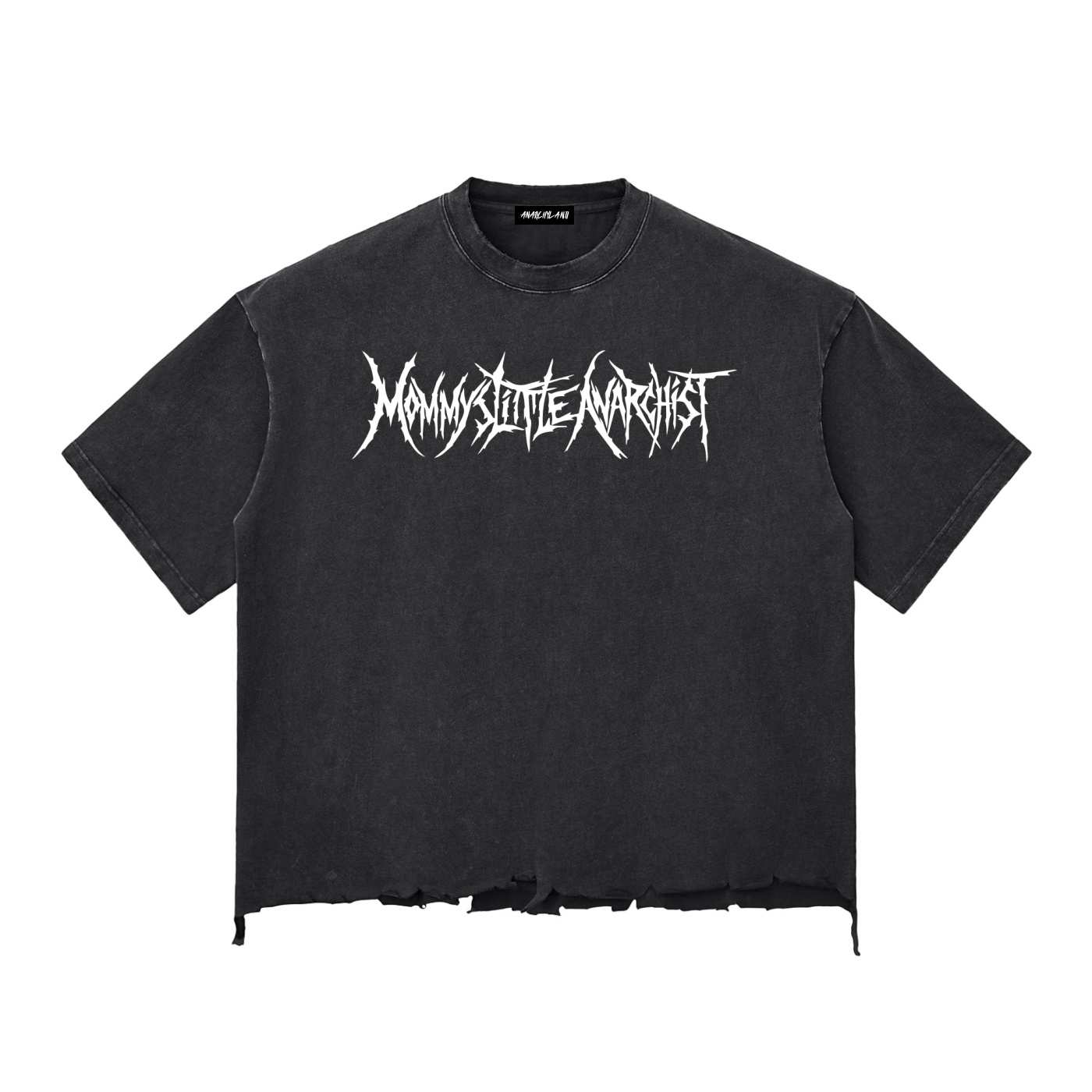 Black cropped crewneck t shirt with a distressed hem and a white jagged logo across the chest