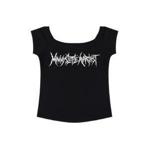 Black women's scoop-neck T-shirt with a white jagged logo across the chest reading 'MOMMY STATE ANARCHIST'.