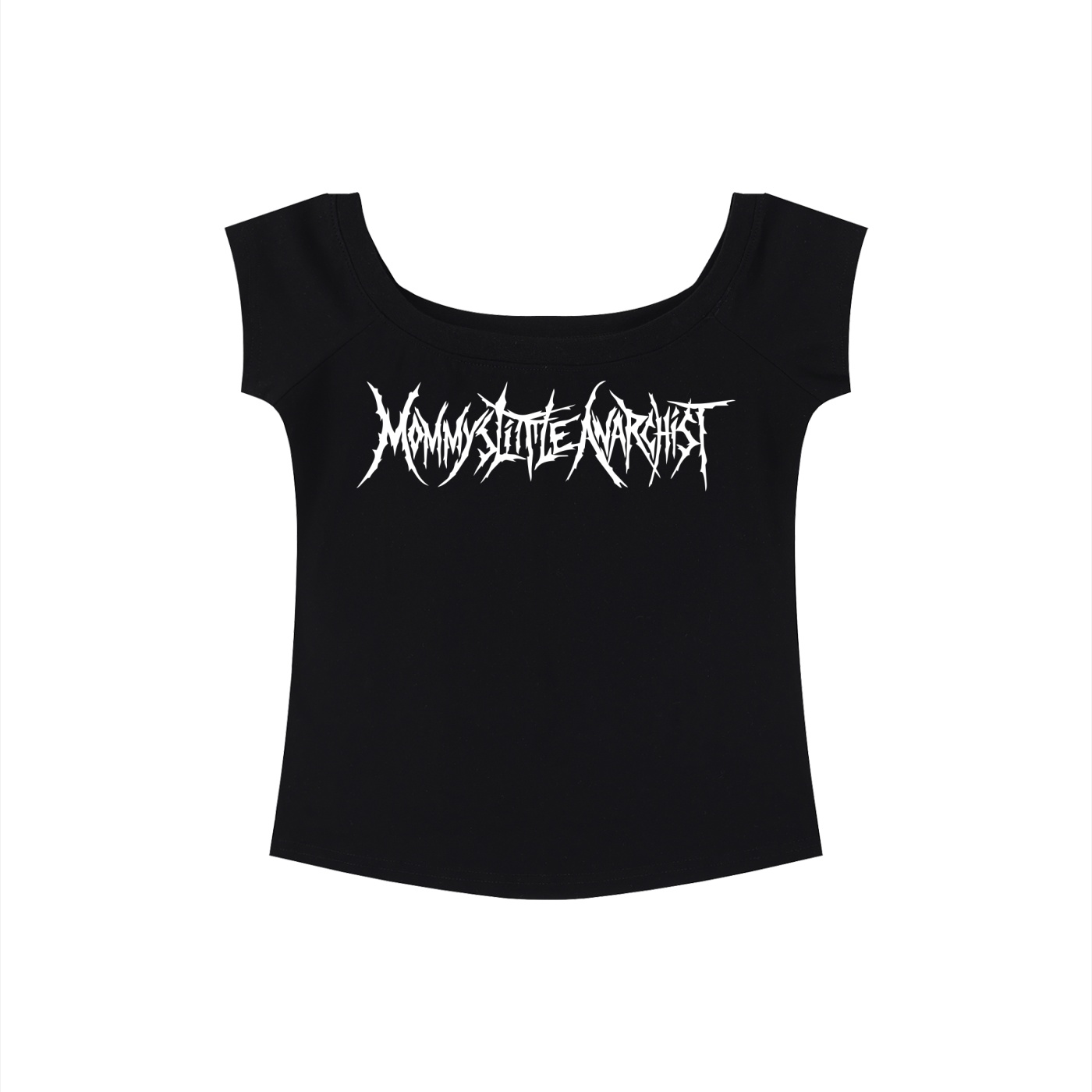 Black womens scoop neck t shirt with a white jagged logo across the chest reading mommy state anarchist