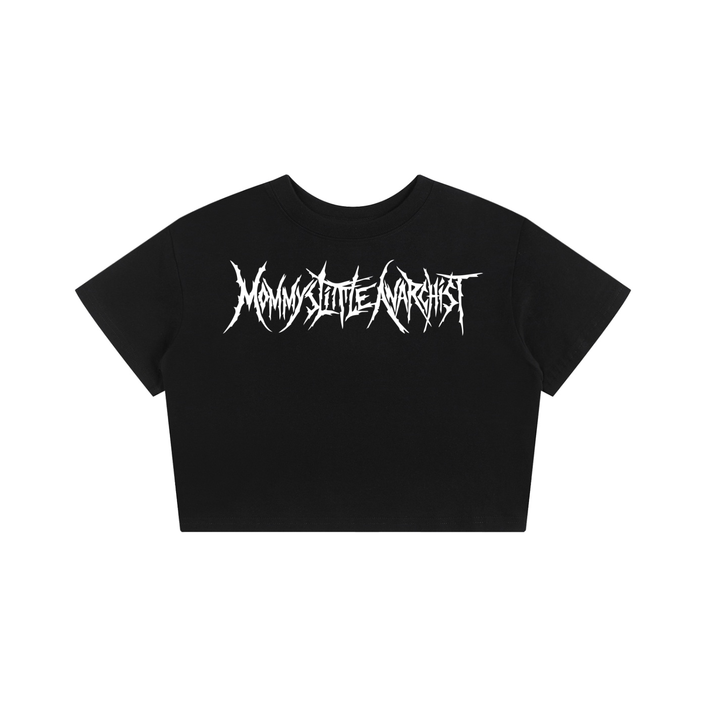 Black cropped t shirt with a white jagged metal bandstyle logo across the chest text is stylized and may be hard to read