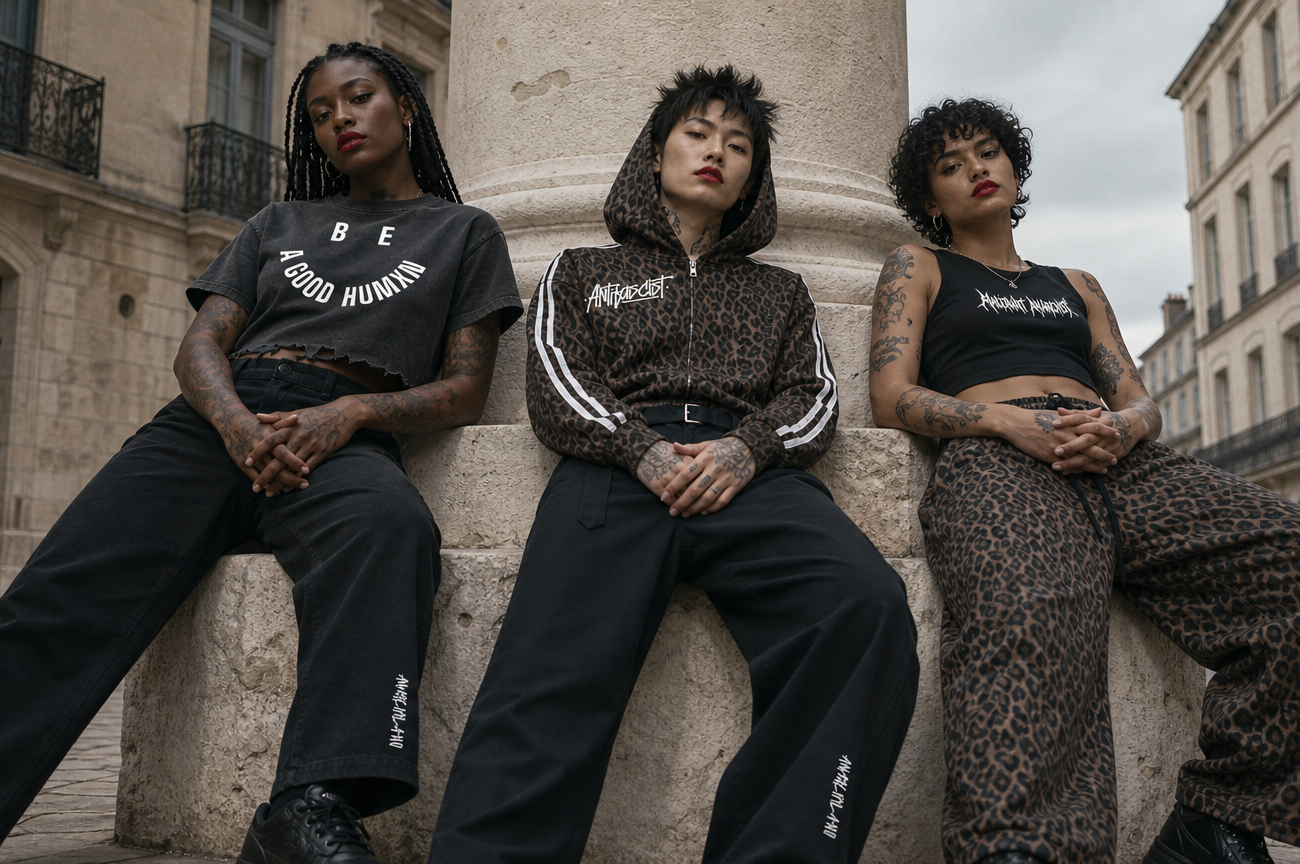 Three women with bold streetwear sit and lean against a stone pedestal in a european city square wearing black and leopard print outfits |edgy fashion editorial portrait in an urban setting with three models showing different styles cropped tee leopard hoodie and leopard pants