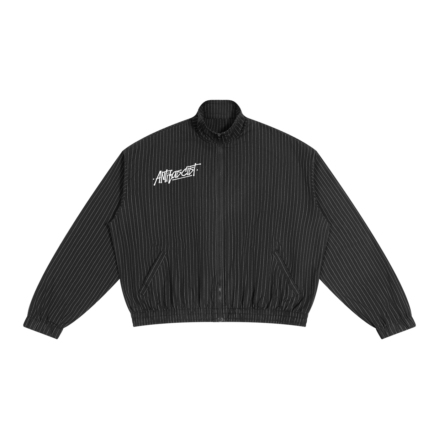 Black pinstriped bomber jacket with a zip front two diagonal pockets and a white stylized logo on the left chest
