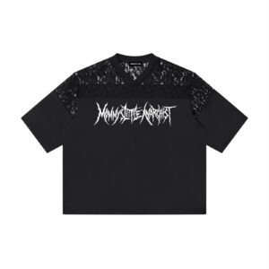 Black short-sleeve shirt with lace shoulders and a white jagged-logo text across the chest.