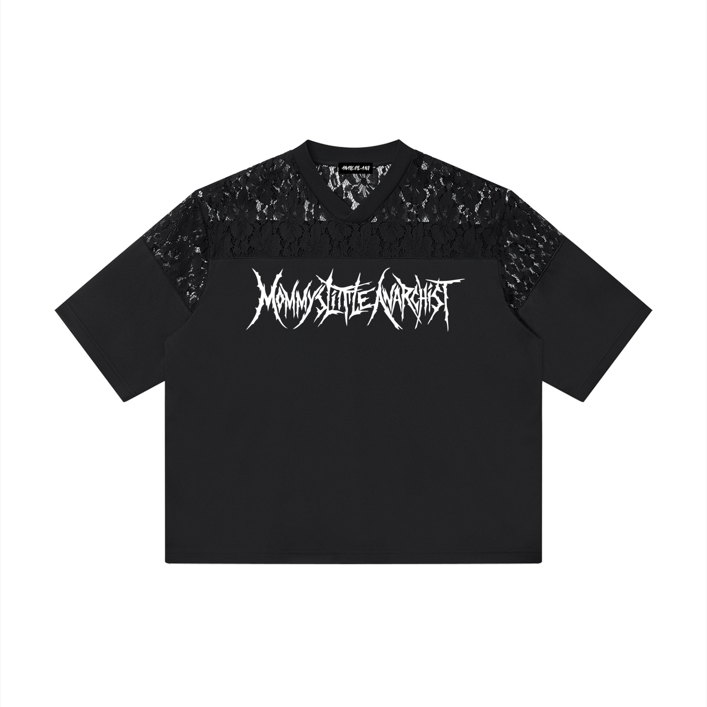 Black short sleeve shirt with lace shoulders and a white jagged logo text across the chest