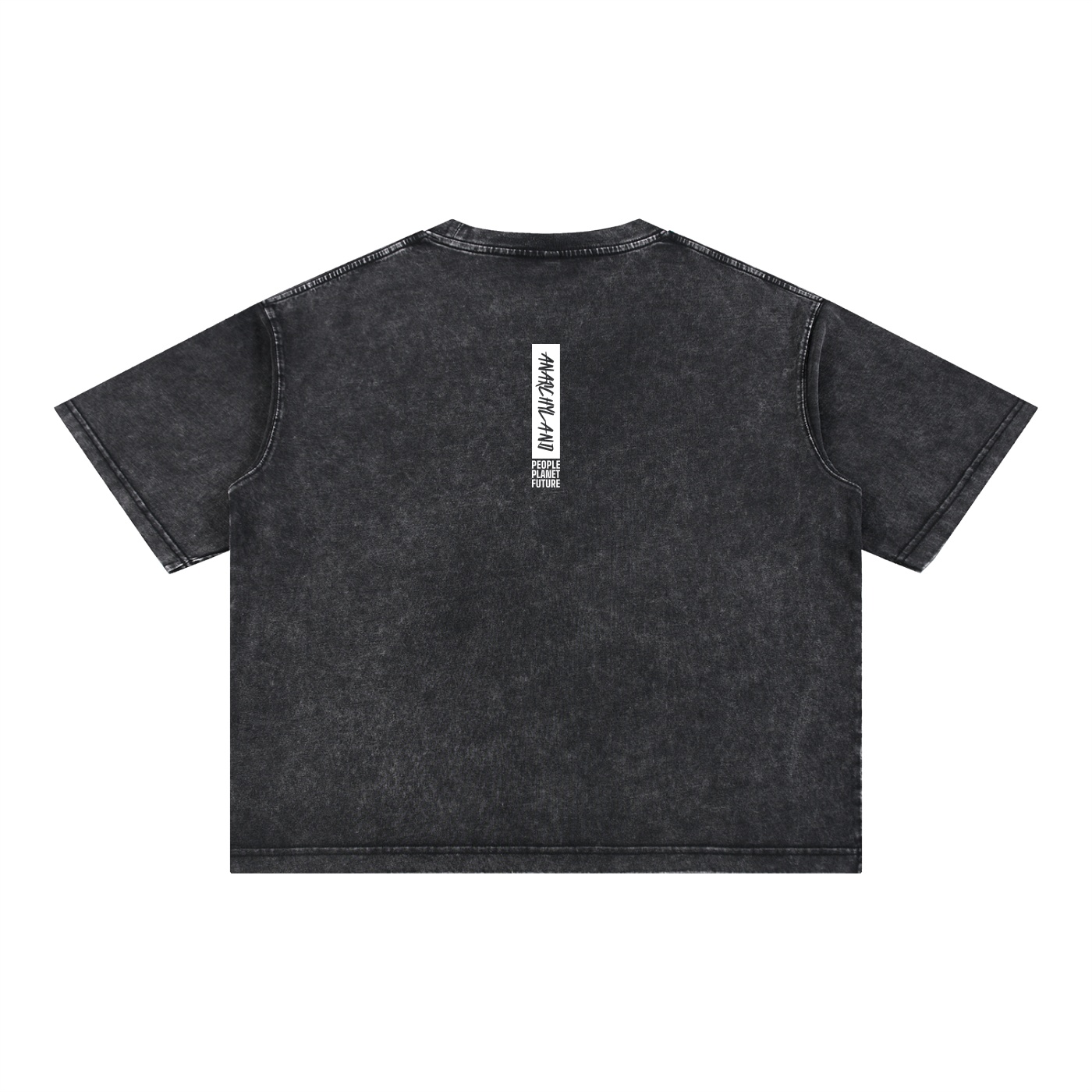 https://ajmall-vc-public-bucket.oss-us-west-1.aliyuncs.com/hugepod/material/custom_printing/baa8f130bd9e467491444f302d09bdfa.png ⟢ Anarchyland Back view of a black stonewashed t shirt with a vertical white logo label centered on the upper back reading people planet future