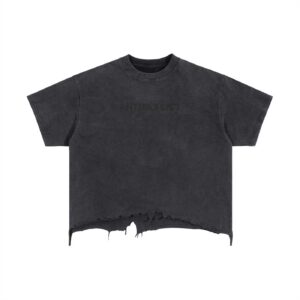 Dark gray cropped T-shirt with a frayed, uneven hem and a subtle, faded 'ANTIFASCIST' print on the chest.