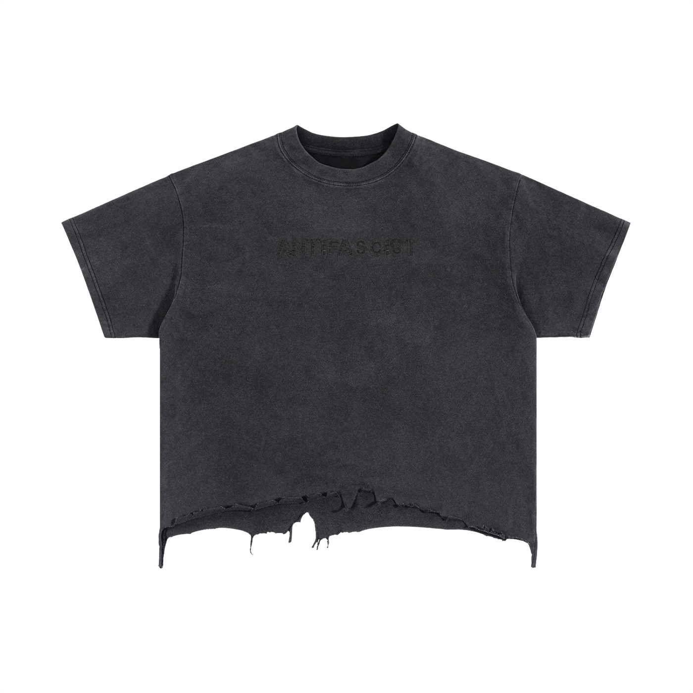 Dark gray cropped t shirt with a frayed uneven hem and a subtle faded antifascist print on the chest