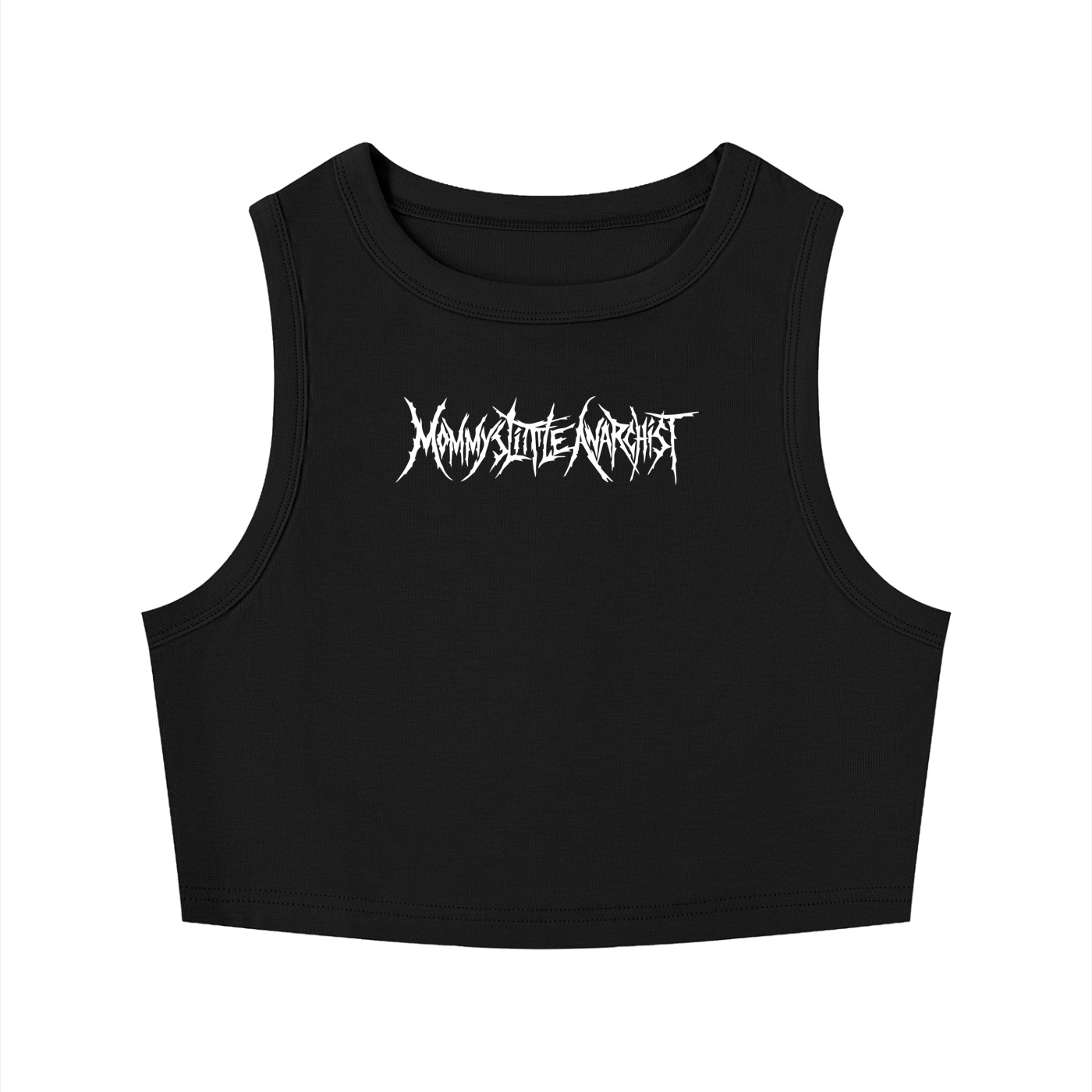 Black sleeveless tank top with a white jagged logo centered on the chest