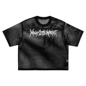 Black mesh T-shirt with a white jagged logo across the chest, showing a perforated texture and short sleeves, front view.