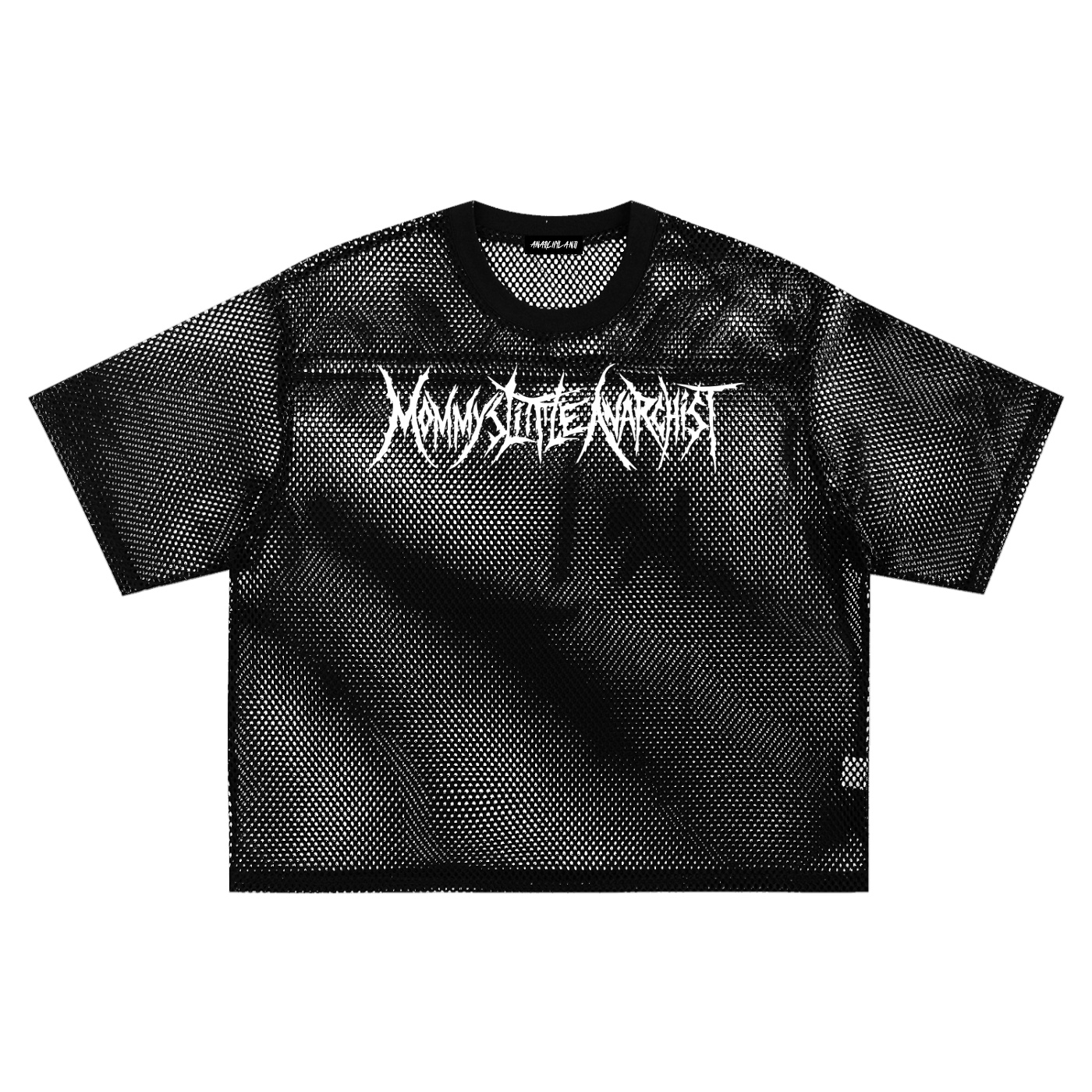 Black mesh t shirt with a white jagged logo across the chest showing a perforated texture and short sleeves front view
