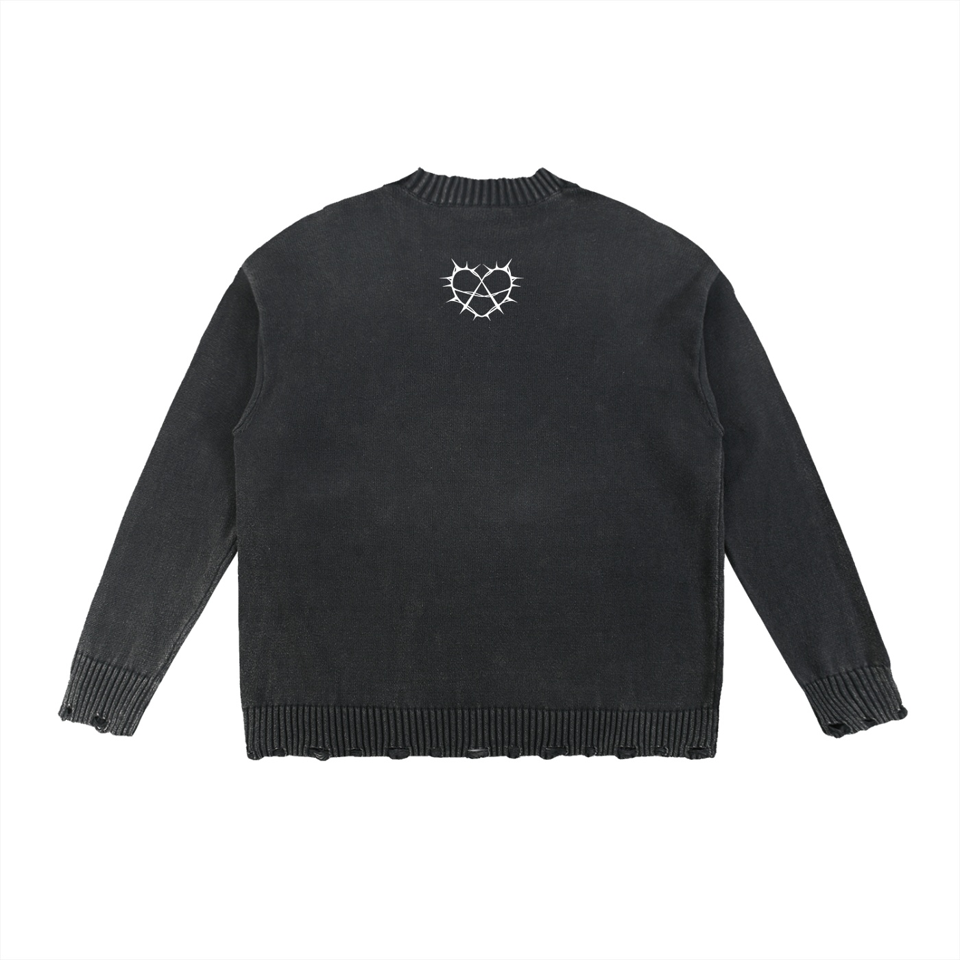 https://ajmall-vc-public-bucket.oss-us-west-1.aliyuncs.com/hugepod/material/custom_printing/01f3c82b3361451097df2b4ff6f24bf3.png ⟢ Anarchyland Back view of a dark knit sweater with a small white barbed heart logo near the neckline