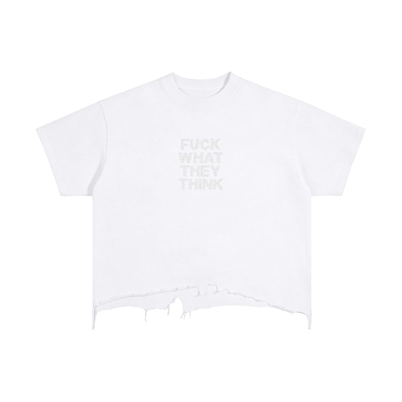 https://ajmall-vc-public-bucket.oss-us-west-1.aliyuncs.com/hugepod/material/custom_printing/1cf0bc5056f540dcbceb39594f493cc3.png ⟢ Anarchyland White cropped t shirt with a distressed gray message centered on the chest reading fuck what they think and a frayed hem at the bottom edge