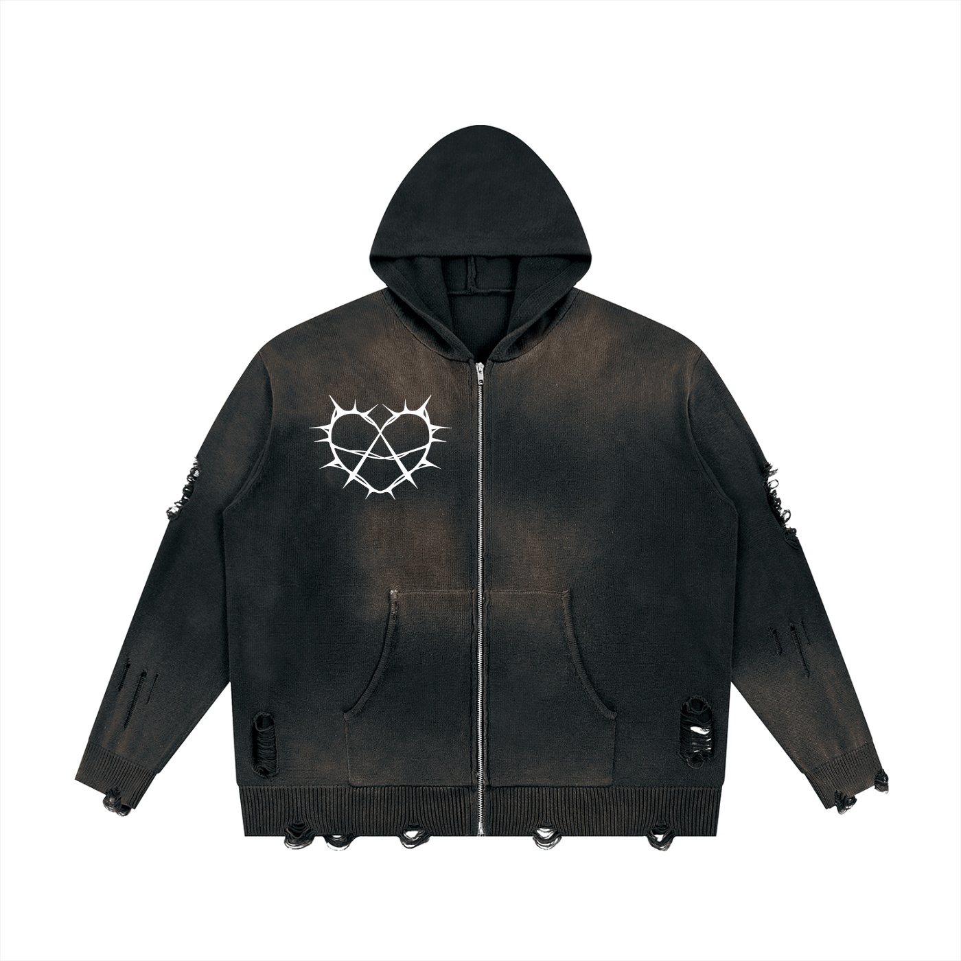 Black distressed zip up hoodie with a white spiked heart logo on the left chest area