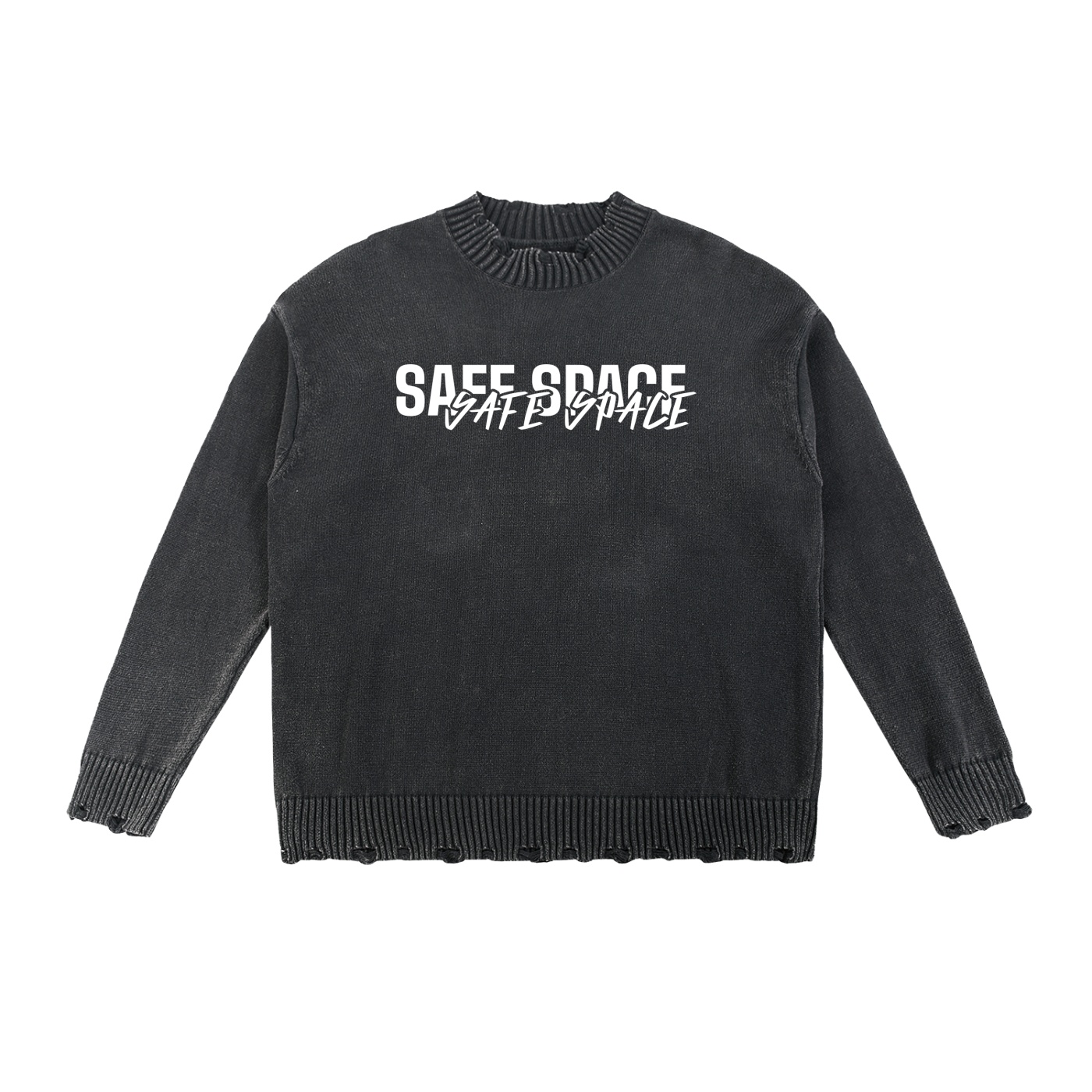 Dark knit sweater with safe space printed in white across the chest