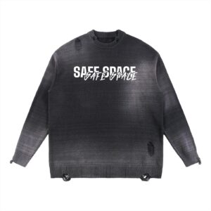 Dark gray distressed sweater with ripped patches and the text 'SAFE SPACE' across the chest.