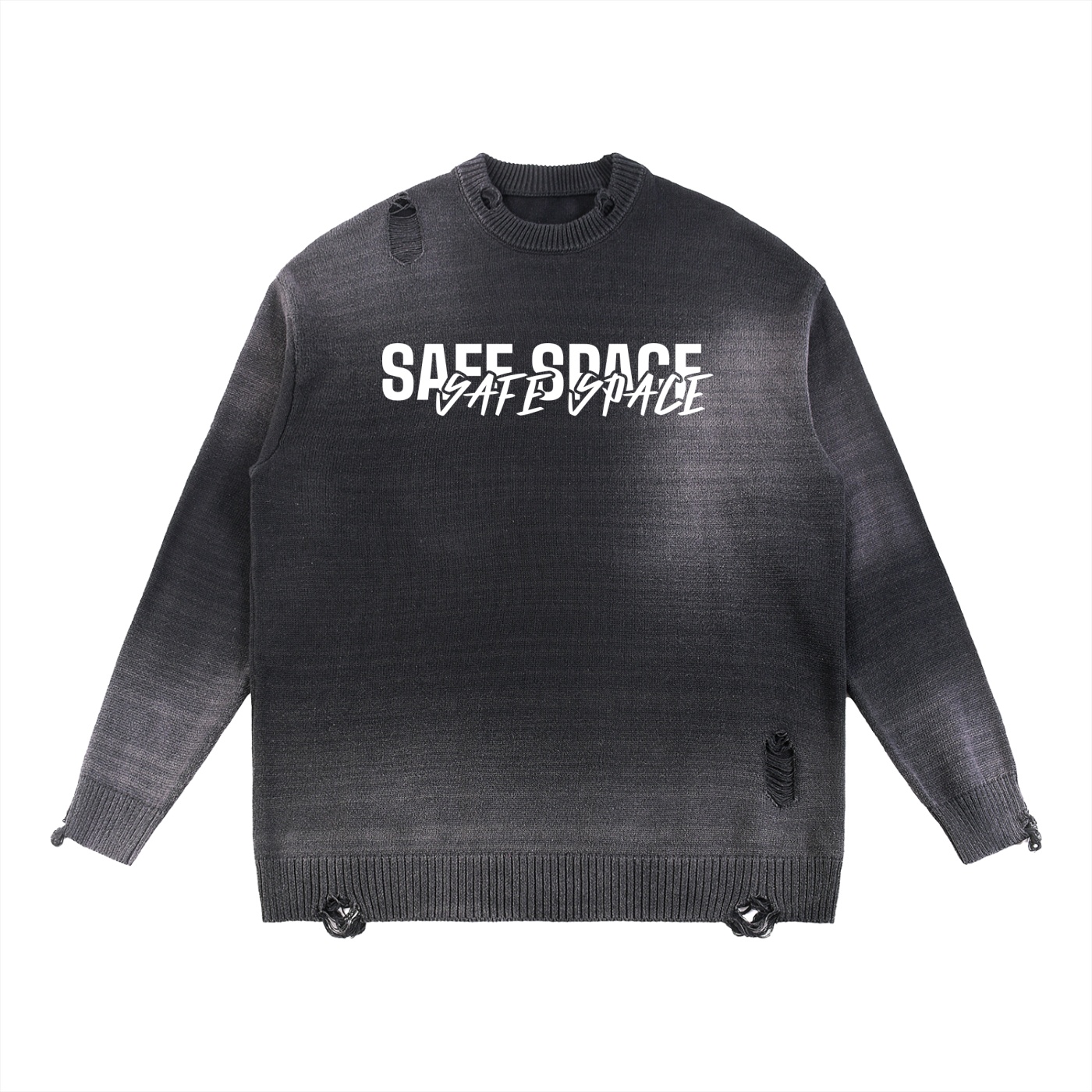 Dark gray distressed sweater with ripped patches and the text safe space across the chest