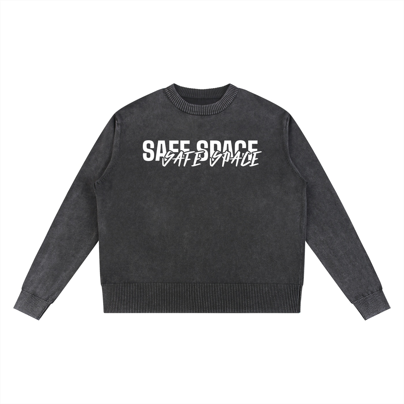Dark gray crewneck sweatshirt with a large white safe space print across the chest on the front surface