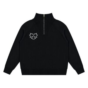 Black knit pullover sweater with a half-zip collar and a white barbed-wire heart embroidery on the left chest