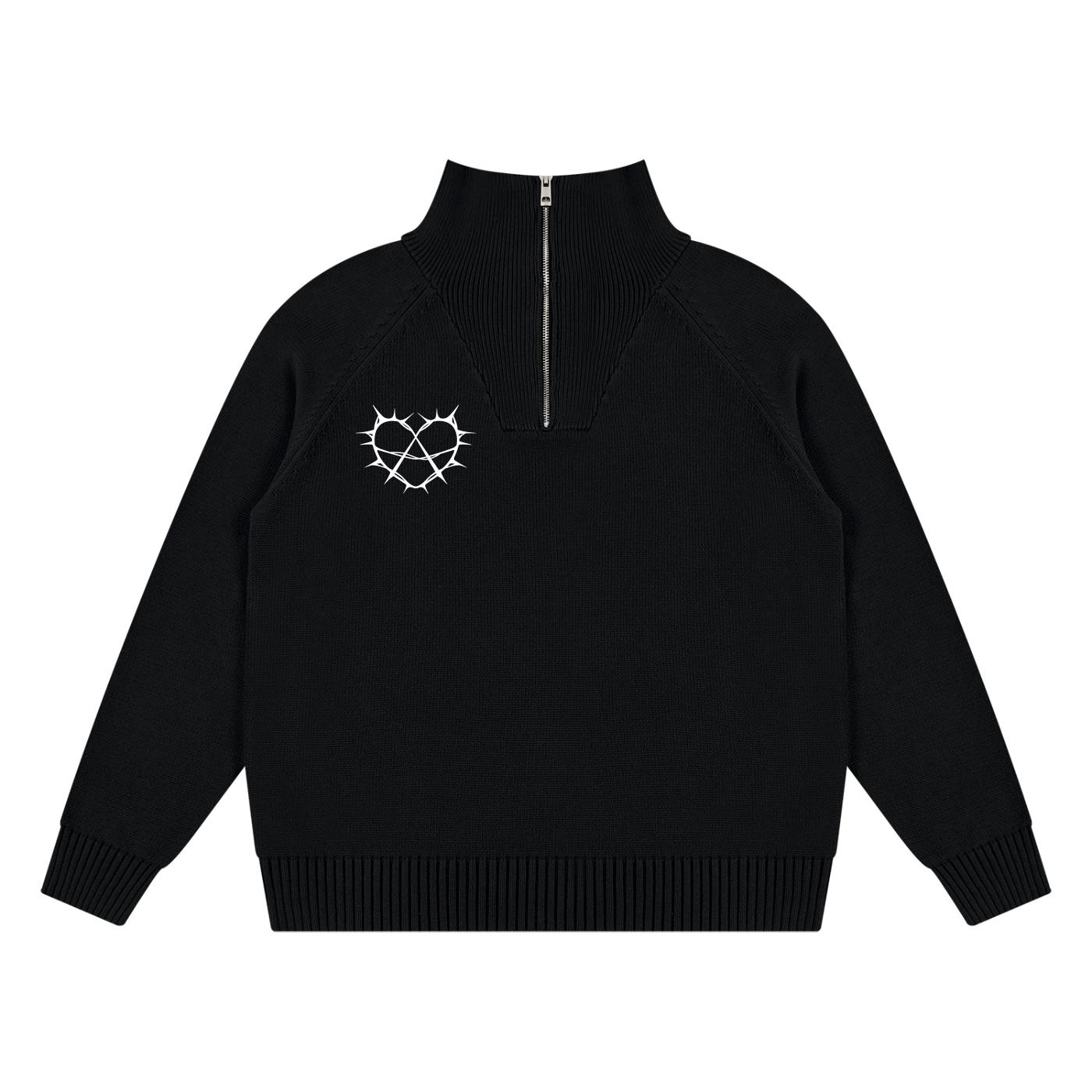 Black knit pullover sweater with a half zip collar and a white barbed wire heart embroidery on the left chest