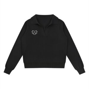 Black knit polo sweater with a white thorn-heart emblem on the left chest area.