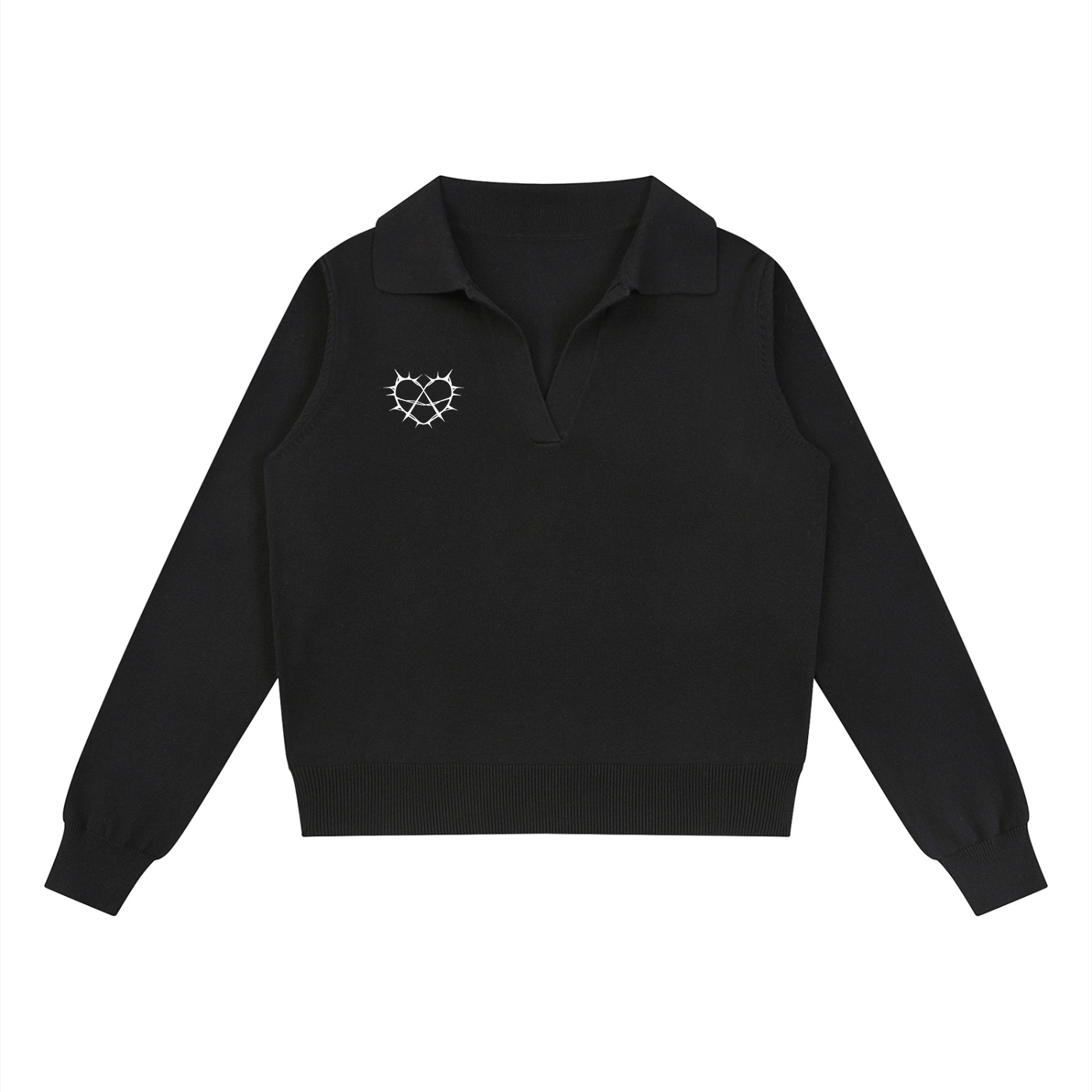 Black knit polo sweater with a white thorn heart emblem on the left chest area