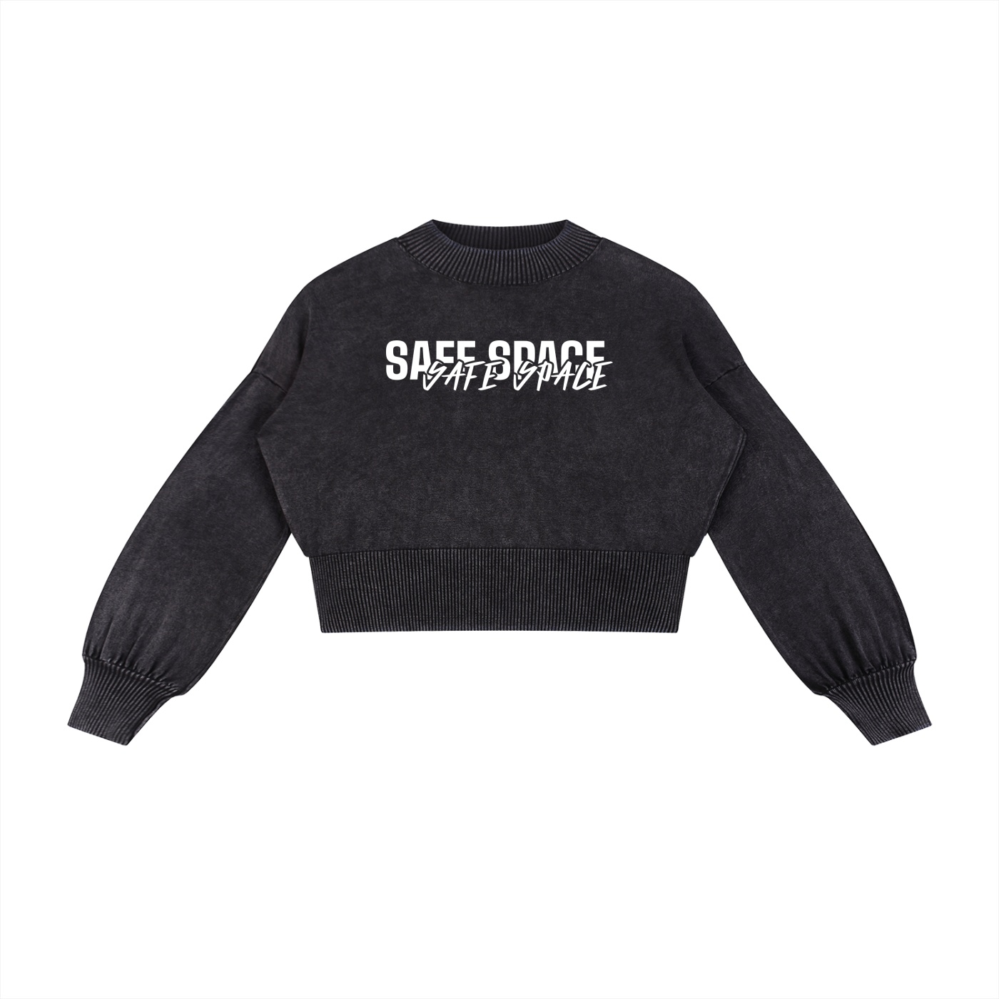 Cropped black sweatshirt with ribbed cuffs and hem white safe space text across the chest