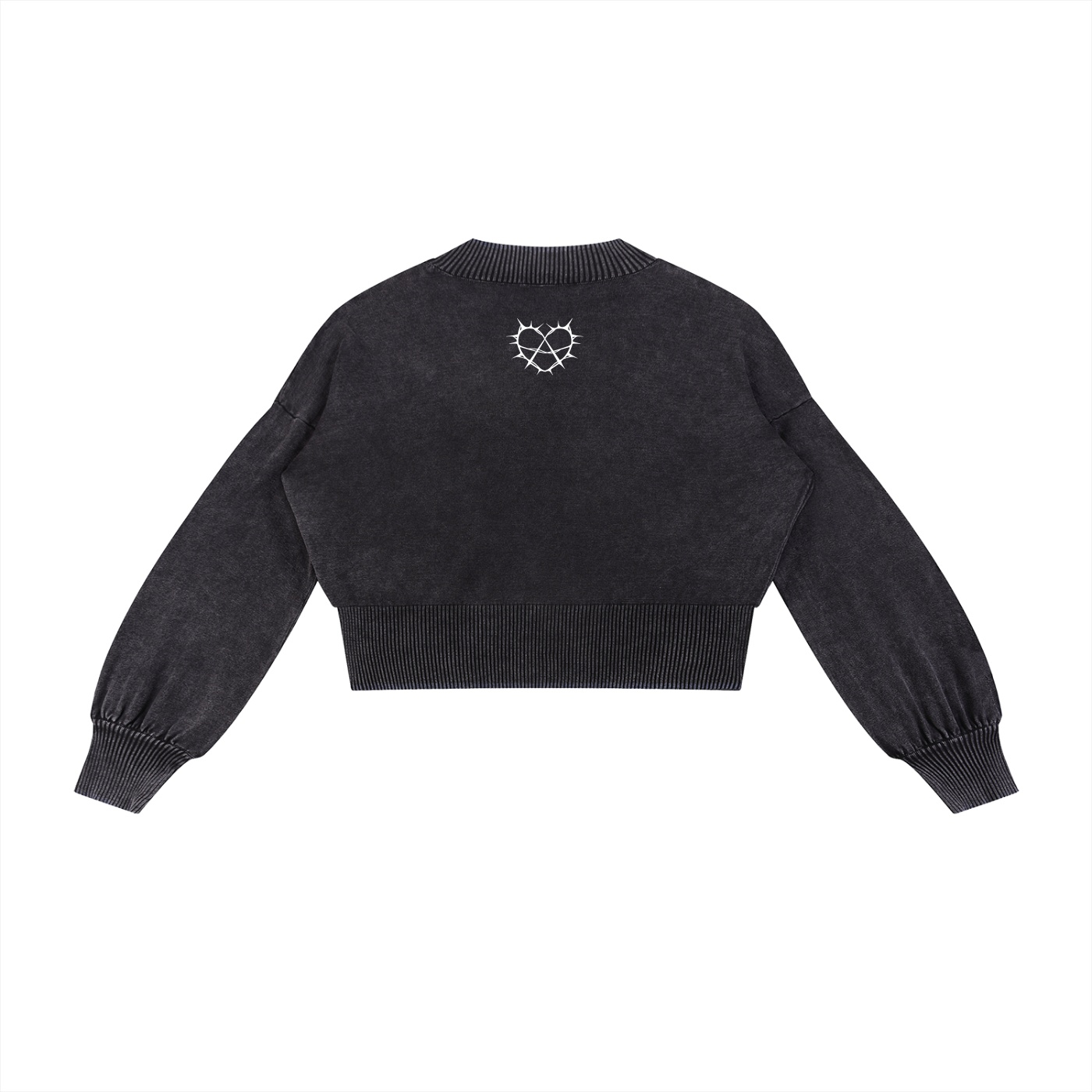 https://ajmall-vc-public-bucket.oss-us-west-1.aliyuncs.com/hugepod/material/custom_printing/cfd2718c0fb94f3abbd4be57a182511b.png ⟢ Anarchyland Black cropped sweatshirt with ribbed cuffs and hem small white thorny heart logo on the upper back