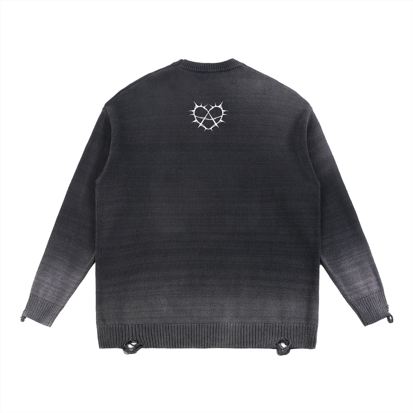 https://ajmall-vc-public-bucket.oss-us-west-1.aliyuncs.com/hugepod/material/custom_printing/f5d3116570d8439499356334cda93e26.png ⟢ Anarchyland Dark knit sweater with a white barbed wire heart motif on the upper back gradient fade at the cuffs and hem and distressed bottom edges